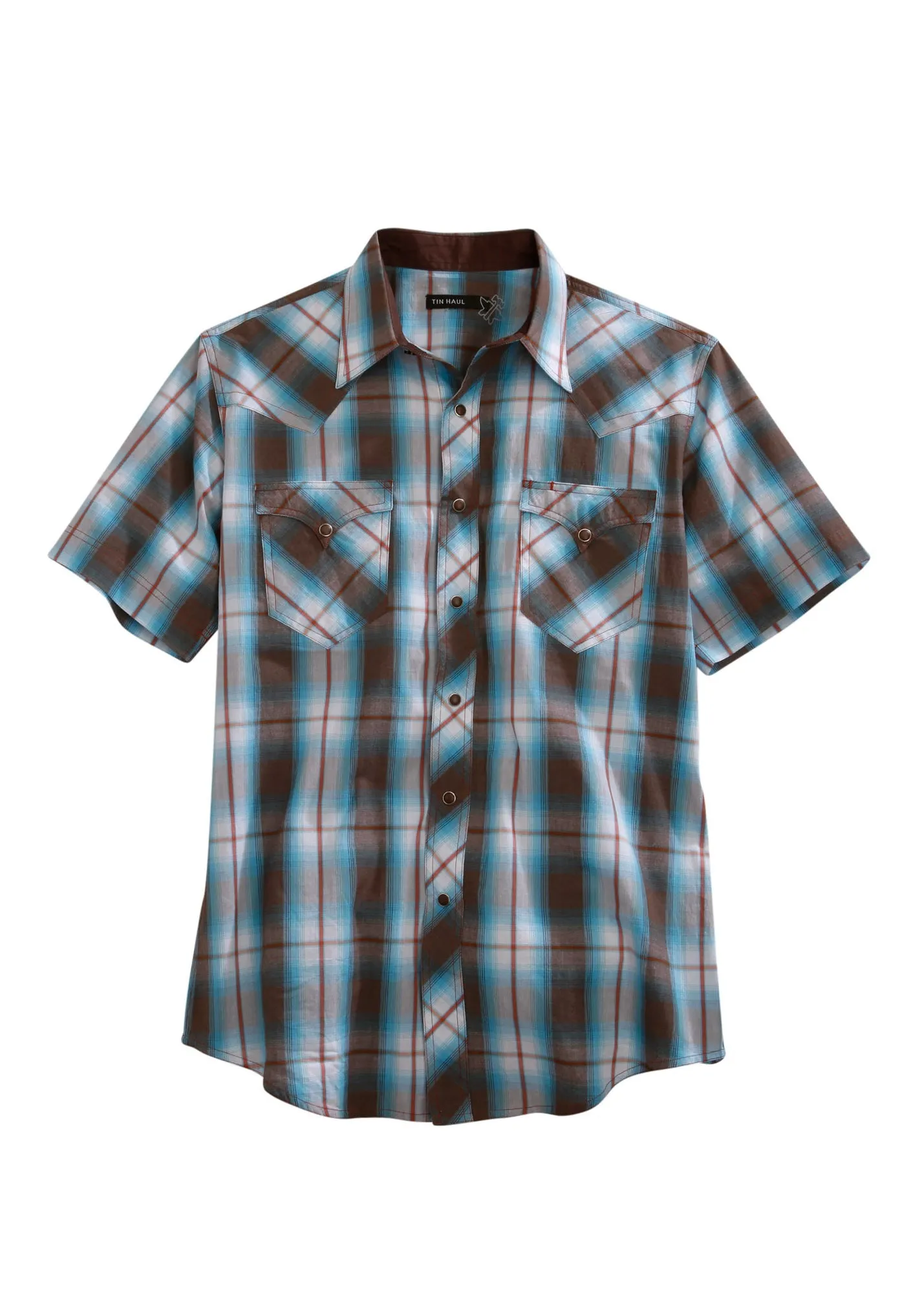 Tin Haul Mens Brown 100% Cotton Turquoise Plaid S/S Shirt Sleeveless Cut Petite Cut