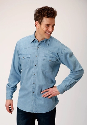 Climate Control Roper Mens Light Blue 100% Cotton Denim BD L/S Western Shirt Roper Mens Light Blue 100% Cotton Denim BD L/S Western Shirt Artistic Design Breathable Underarm Vents