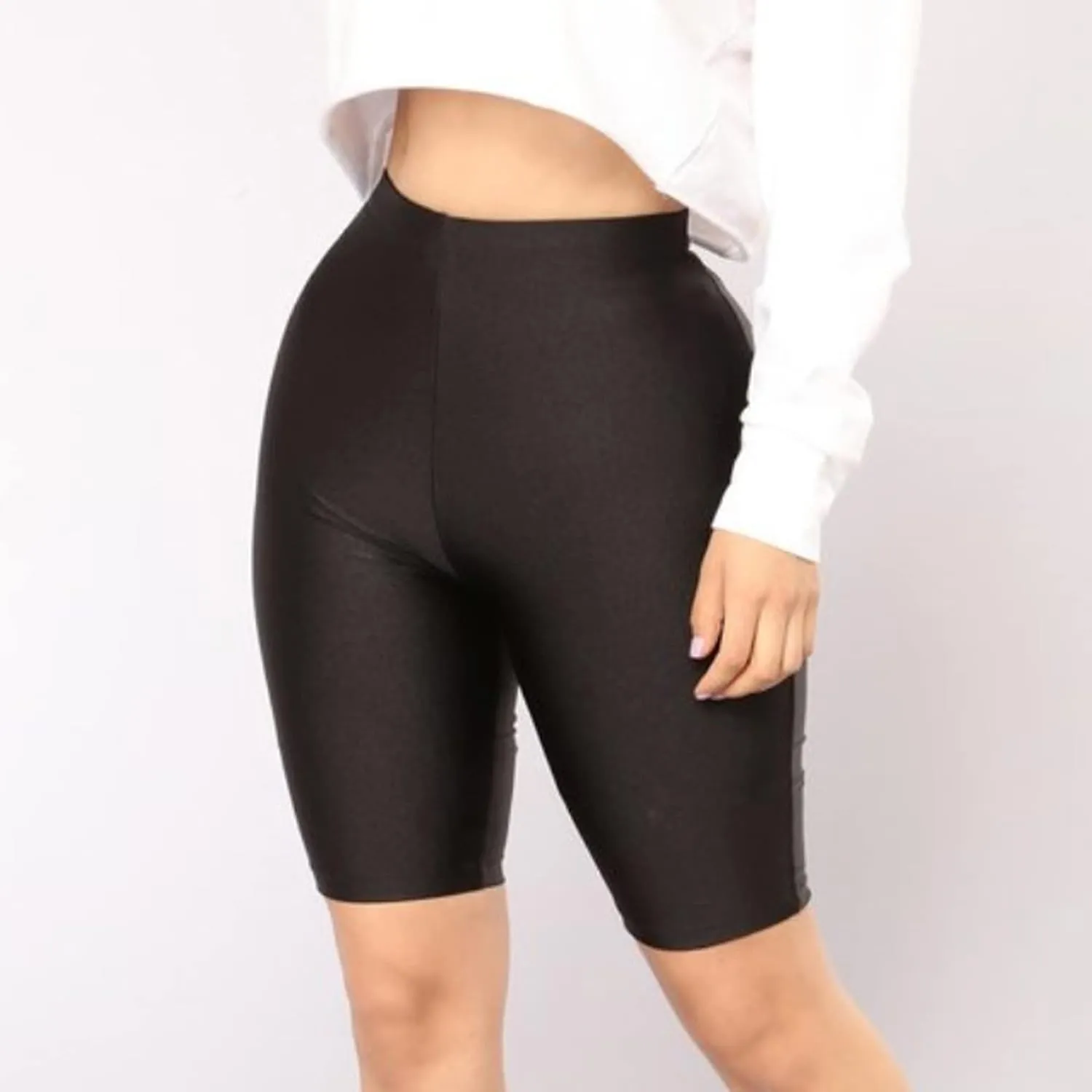 cloudmall Women's Shiny High Waist Active Workout Yoga Running Shorts Knee Length Leggings