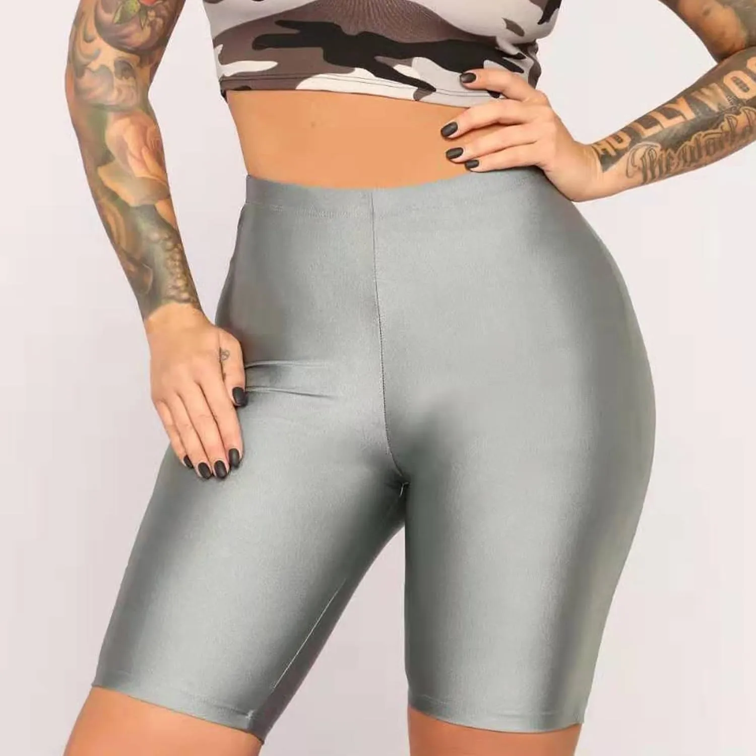cloudmall Women's Shiny High Waist Active Workout Yoga Running Shorts Knee Length Leggings