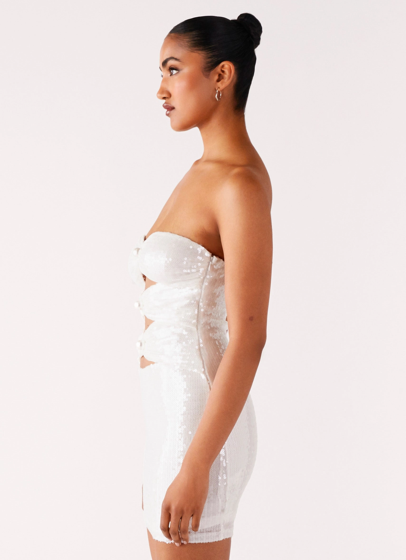 Clyra Sequin Mini Dress - Ivory Fashionable Touch High Hemline