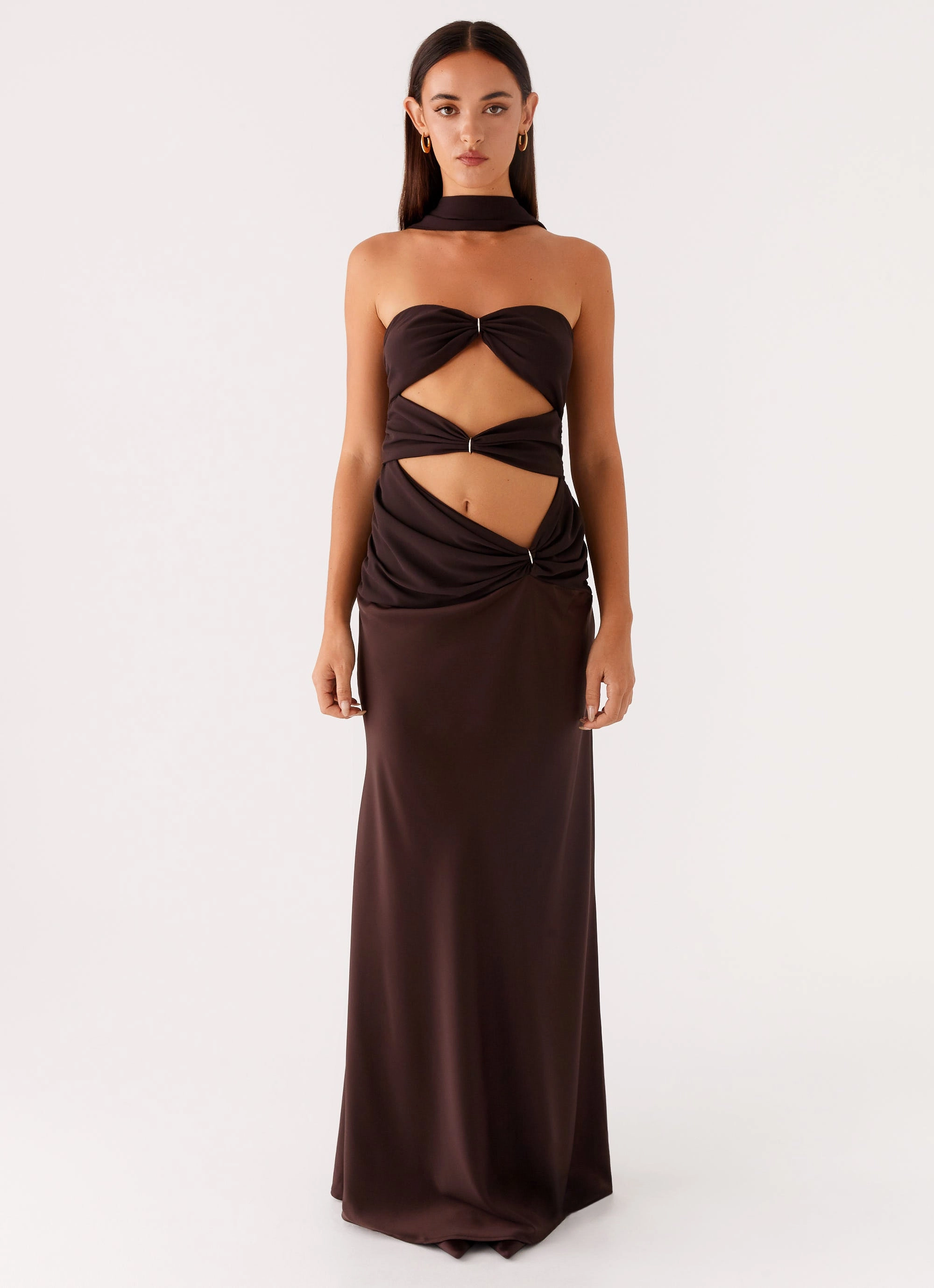 Alaine Scarf Maxi Dress - Dark Chocolate Autumn Ready Classic Cut