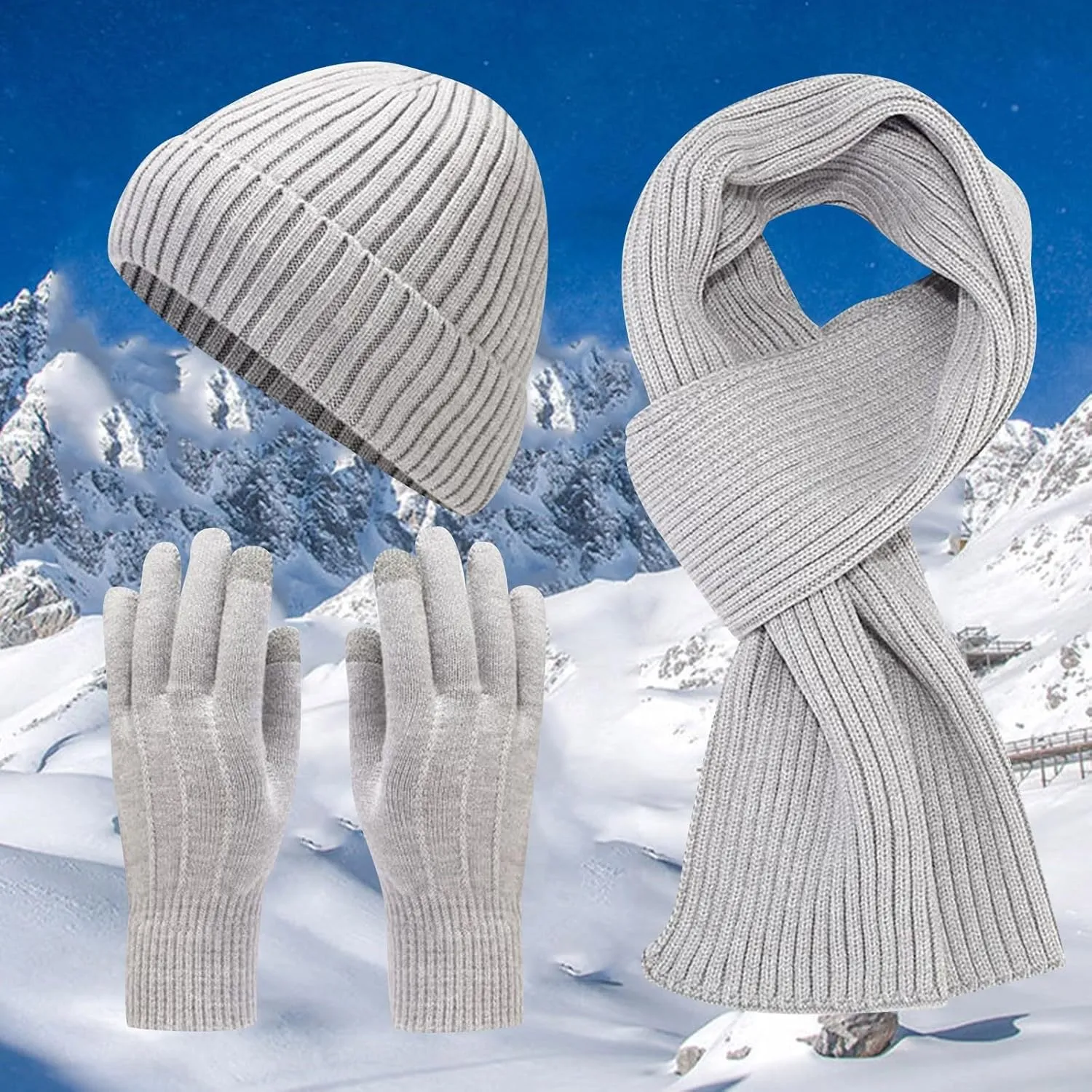 Cold Winter Women Men Warm Scarf Beanie Hat Set Knitted Fleece Unisex Adults Thick Lined Neck Warmer Accessories Set