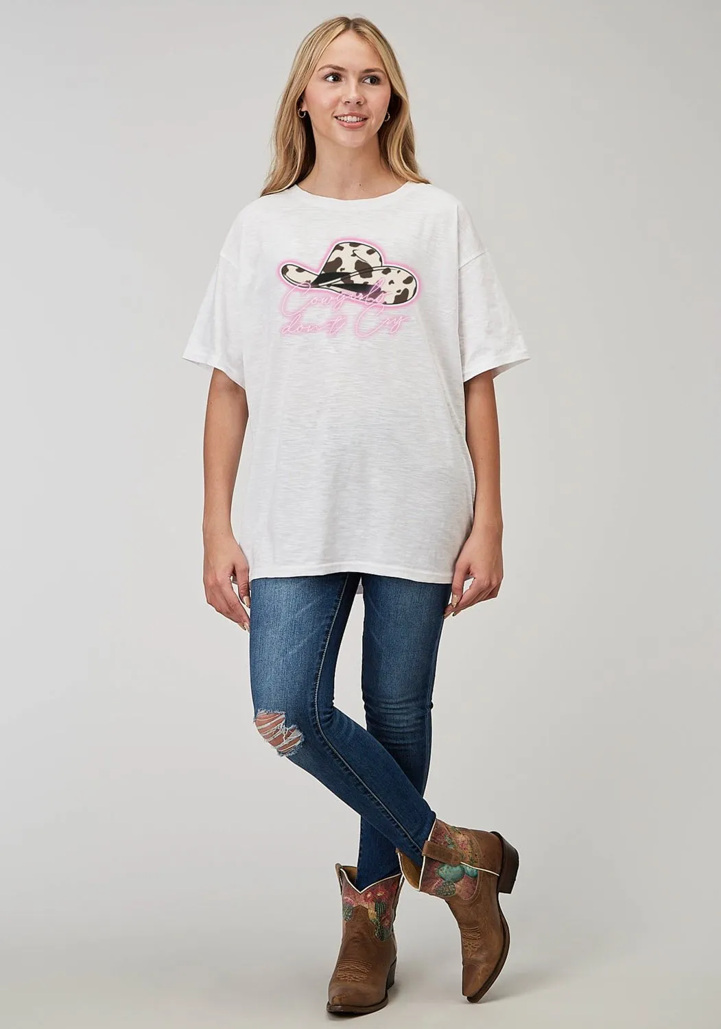 Trendy Fit Roper Womens Cowgirls Dont Cry White 100% Cotton S/S T-Shirt