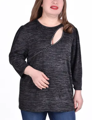 Colorful Goods Plus Size 3/4 Sleeve Tunic Top With Front Cutout Flexible Comfort Plus Size 3/4 Sleeve Tunic Top With Front Cutout
