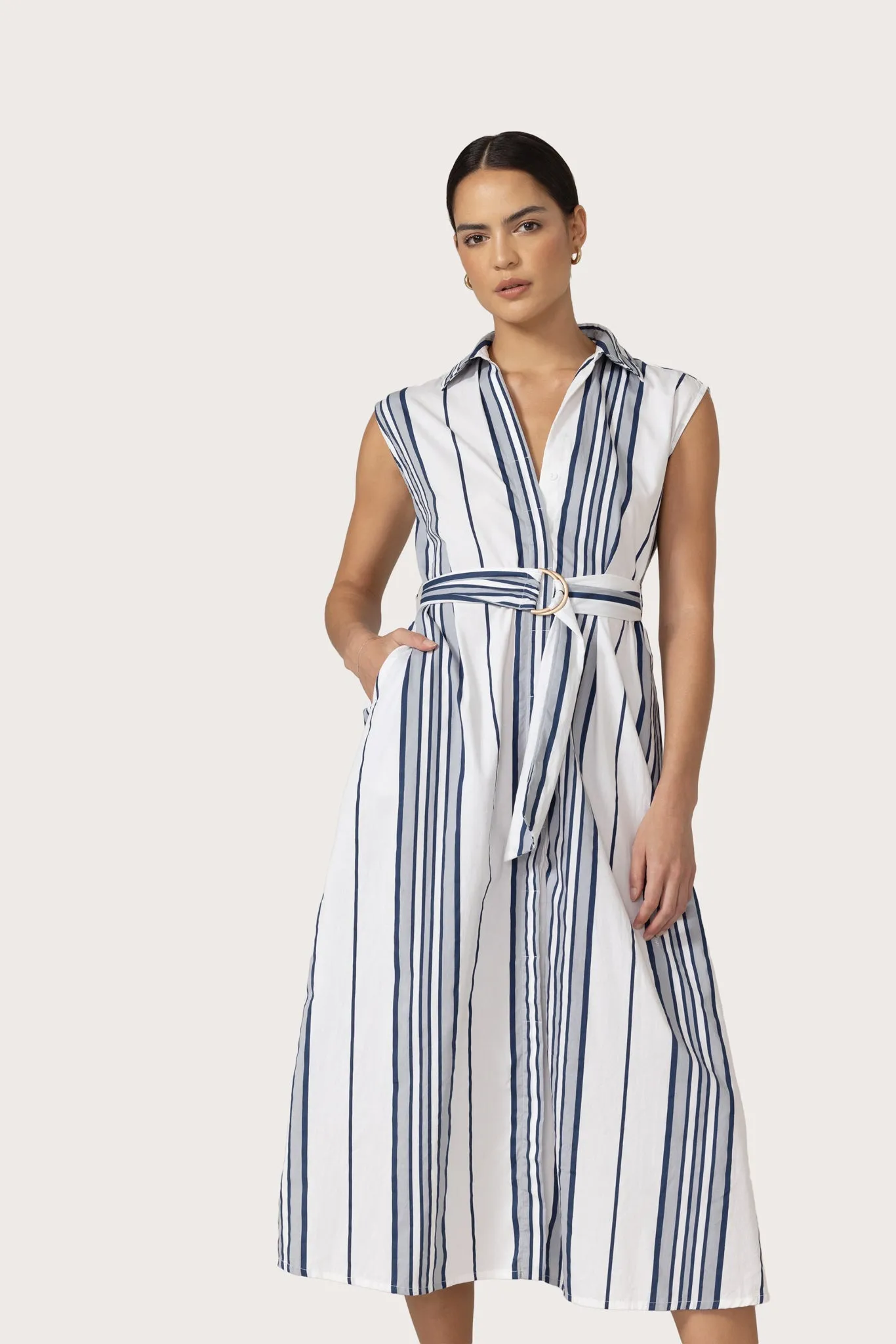 Chloe Belted Poplin Dress in Shadow Stripe Easy Tones Modern Layers