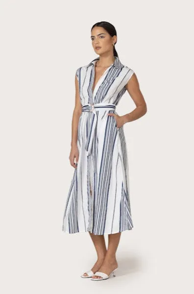 Off-Shoulder Chloe Belted Poplin Dress in Shadow Stripe