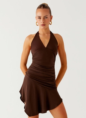 Colt Mini Dress - Chocolate Luxe Piece Refined Cut Guest Shine Colt Mini Dress - Chocolate