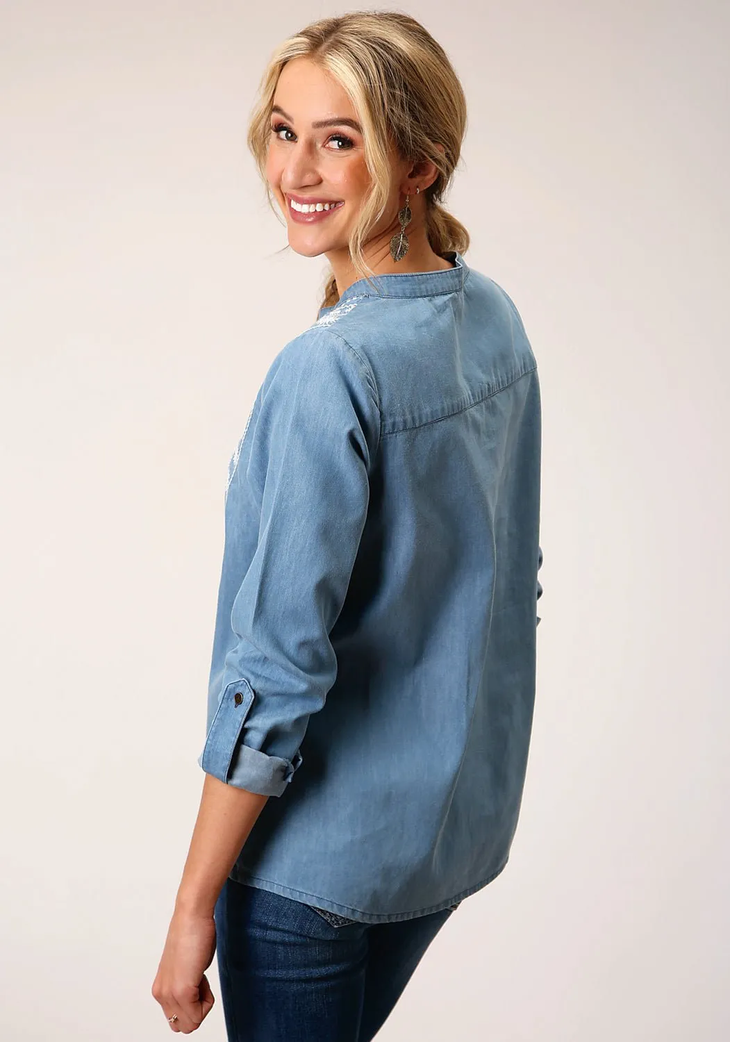 Stretch Fit Technology Comfortable Fabric Roper Womens Denim Split V Blue 100% Cotton L/S Blouse