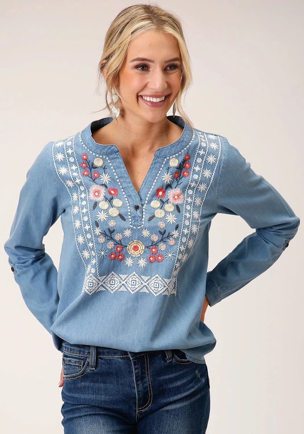 Roper Womens Denim Split V Blue 100% Cotton L/S Blouse Country Charm Spring Collection