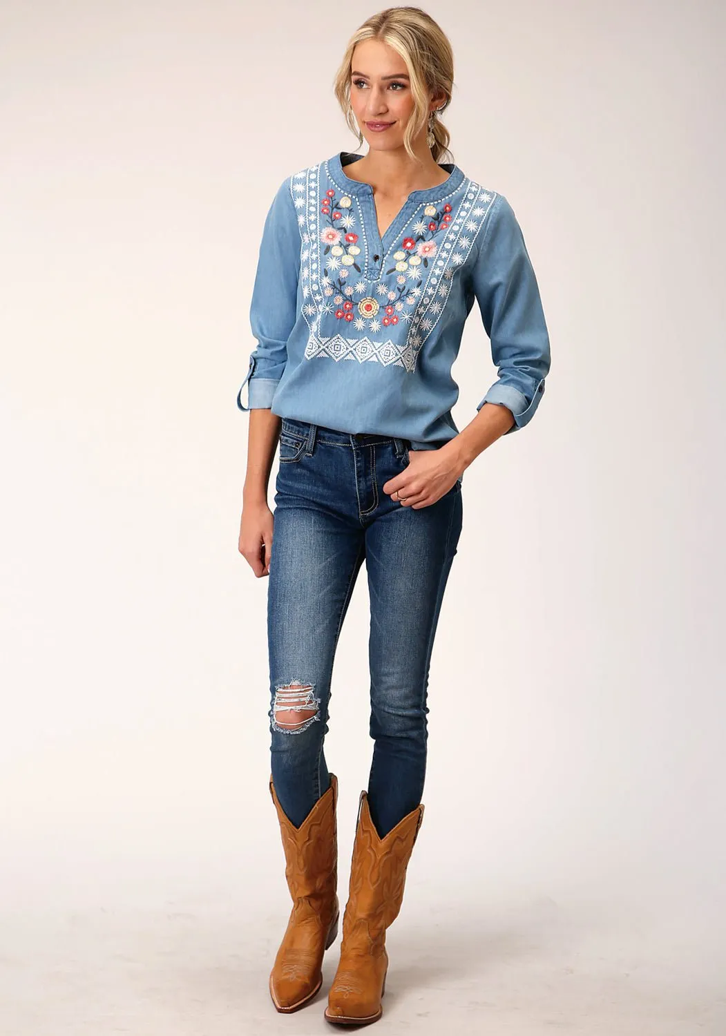 Weekend Outfit Roper Womens Denim Split V Blue 100% Cotton L/S Blouse