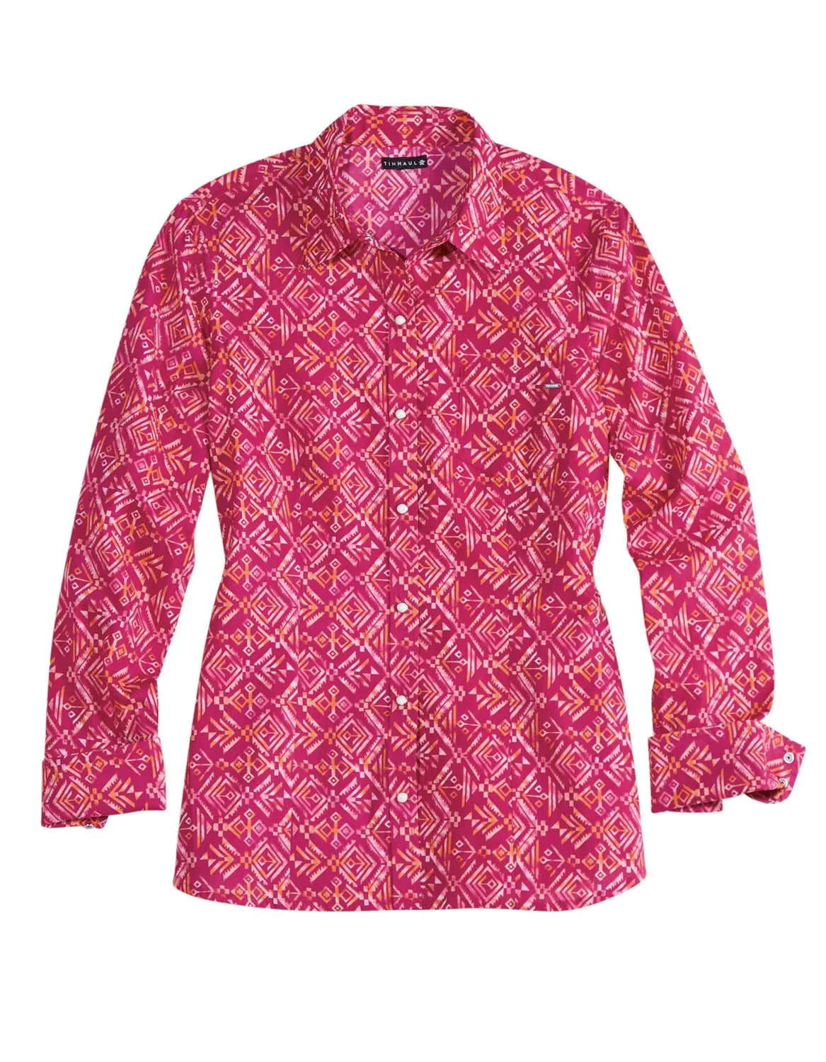 Tin Haul Womens Water Color Aztec Pink 100% Cotton L/S Shirt Customizable Option