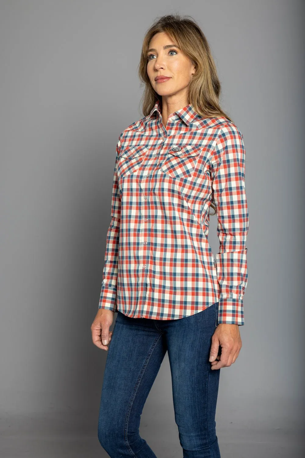 Kimes Ranch Womens Go Round Navy Cotton Blend L/S Shirt Checkered Look