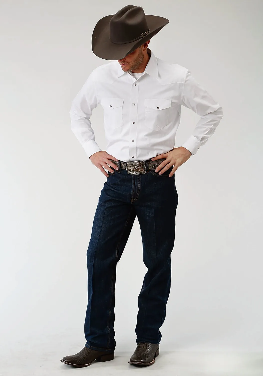 Effortless Comfort Roper Mens Solid Color White 100% Cotton L/S Shirt