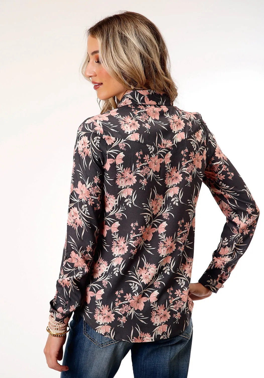 Roper Womens Coral Floral Grey Rayon/Nylon L/S Blouse Easy Care