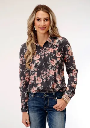 Comfort Option Roper Womens Coral Floral Grey Rayon/Nylon L/S Blouse Relaxed Style Statement Maker Roper Womens Coral Floral Grey Rayon/Nylon L/S Blouse