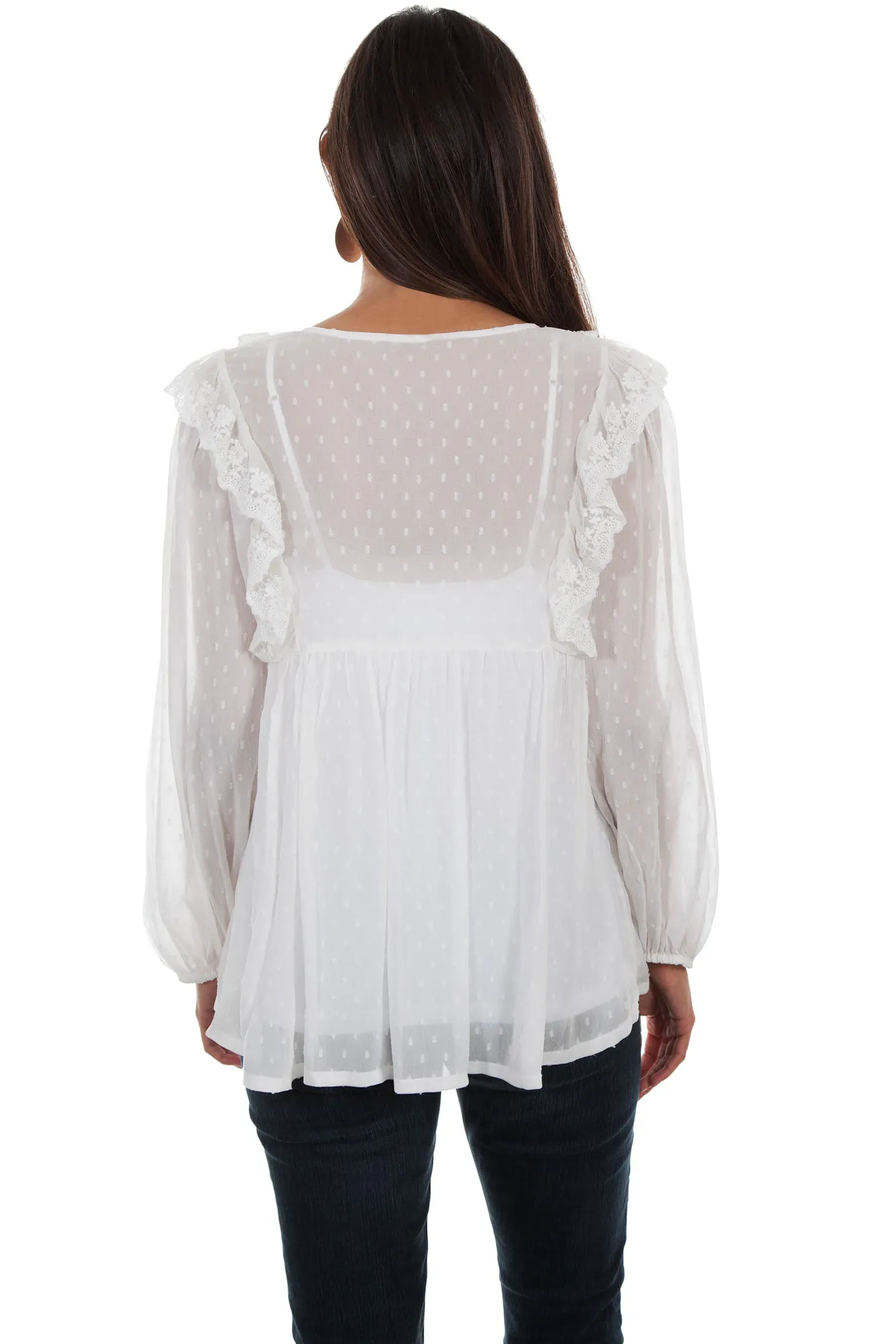 Stretch Free Fit Chill Outfit Relaxed Style Earthy Scully Womens Ivory Polyester Swiss Dot L/S Blouse