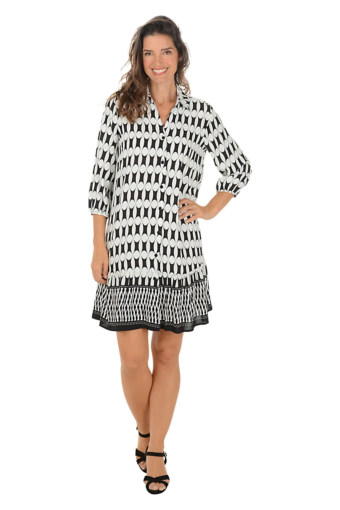 Op Art Collared Button-Front Dress Vibrant Waist Lace-Trim