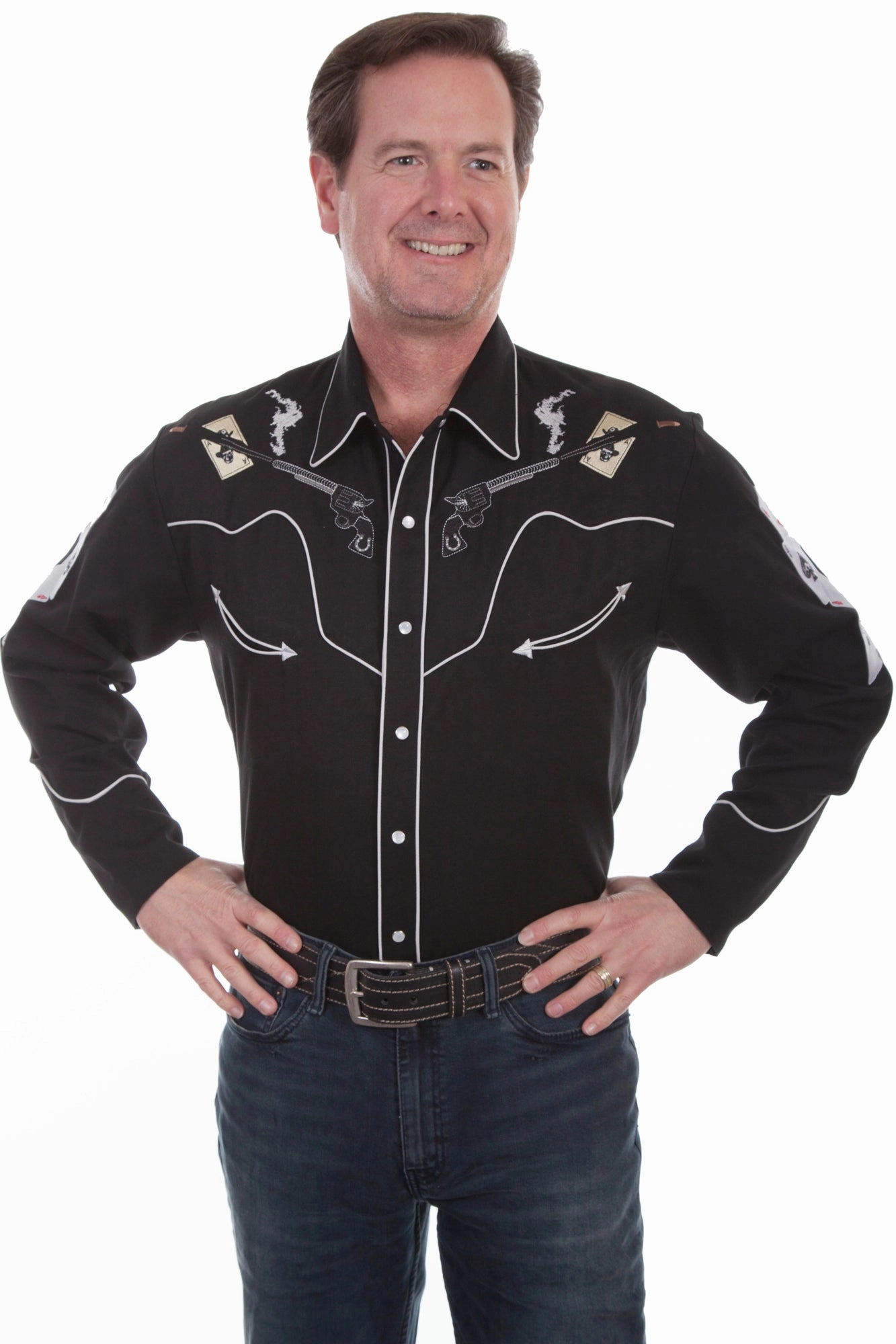 Unisex style Unstructured Shoulder Scully Mens Black Poly/Rayon Pistols L/S Shirt XL