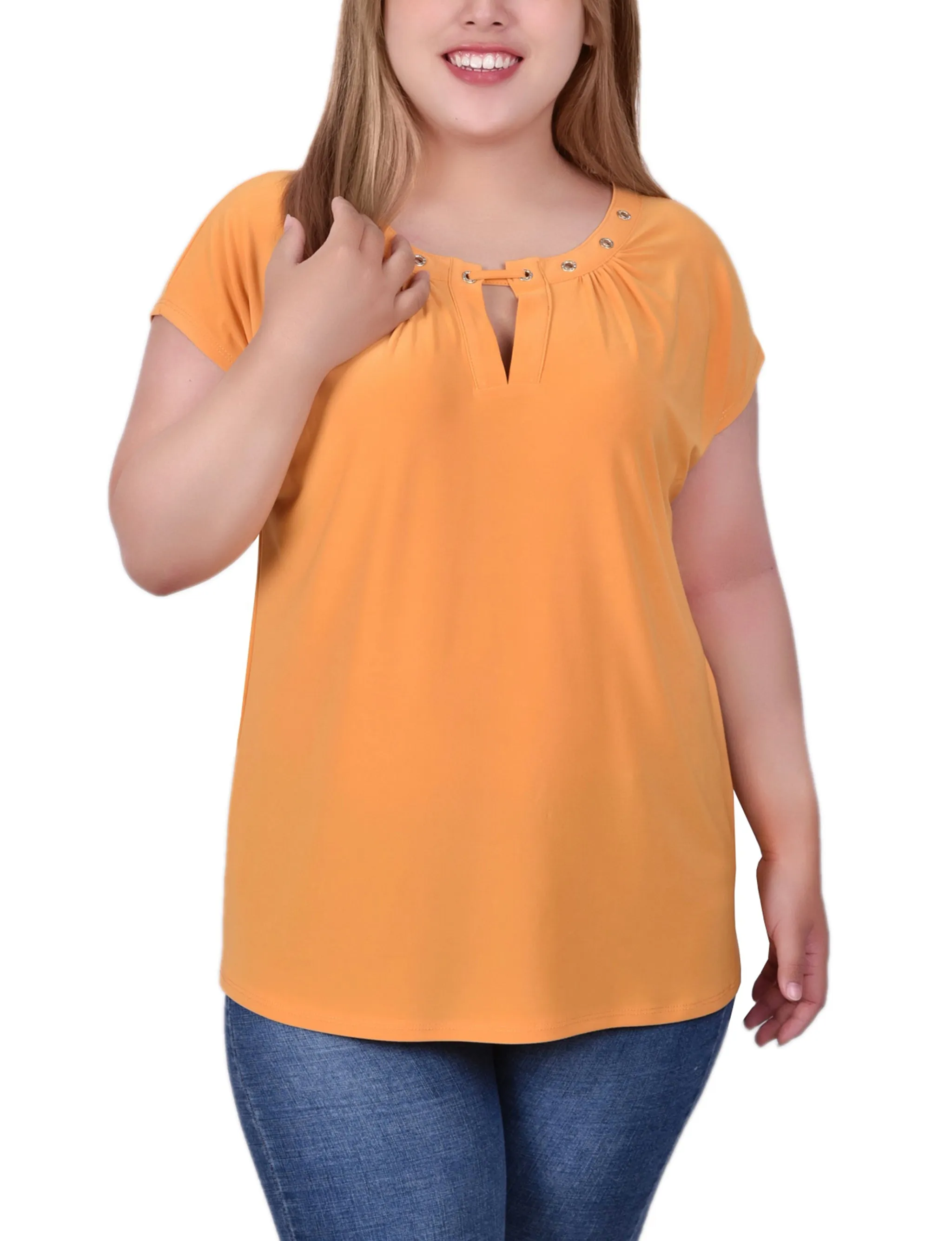 Bless Glow Plus Size Short Sleeve Grommet Top With Keyhole