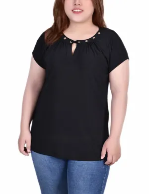 comfortable attire Plus Size Short Sleeve Grommet Top With Keyhole Bold Simplicity Plus Size Short Sleeve Grommet Top With Keyhole