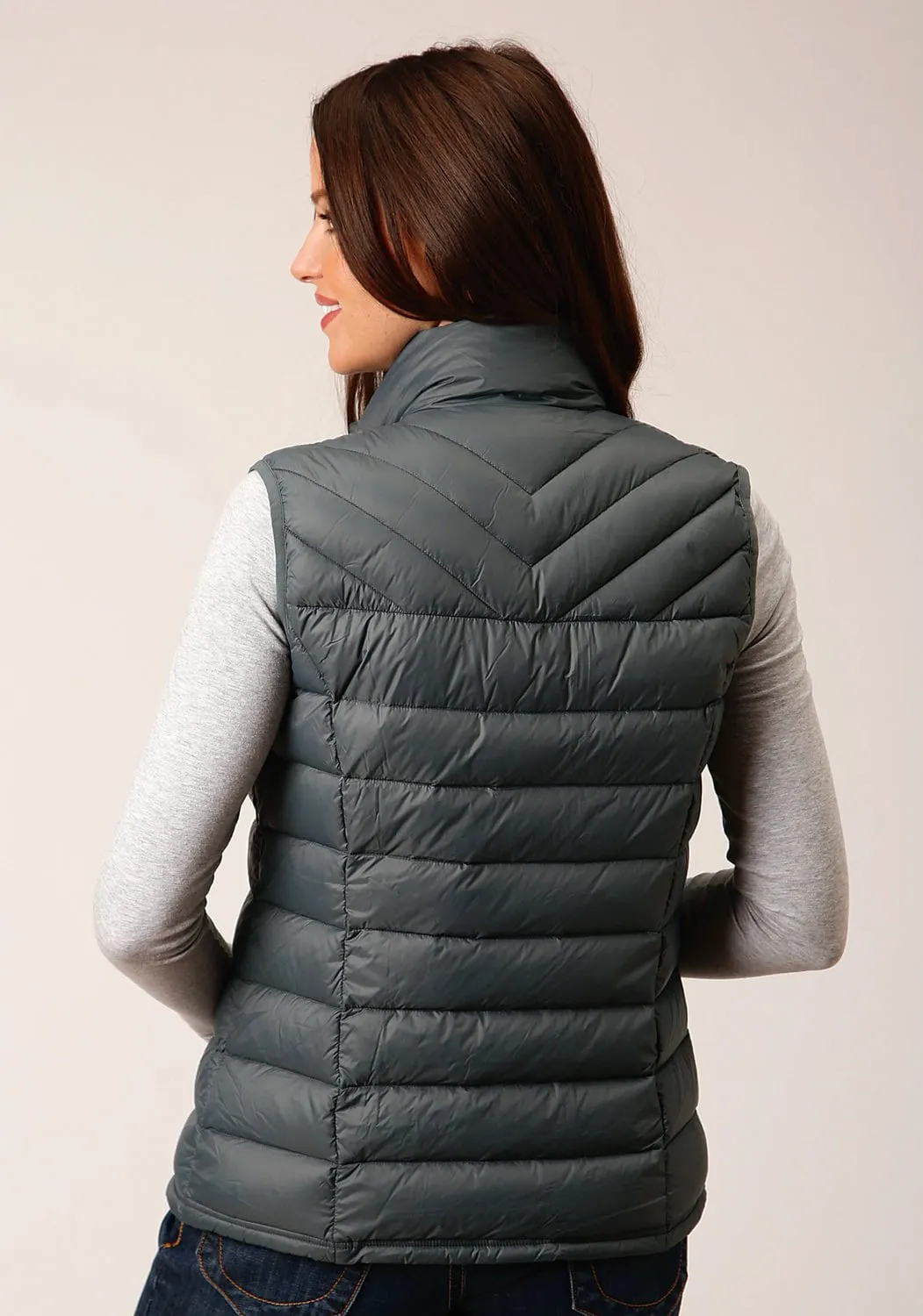 Roper Womens Coated Down Filled Silver Sage 100% Nylon Softshell Vest Breathable Denim Base Comfort