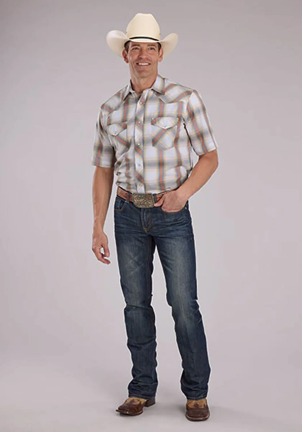 Anti Cling Fabric ethical fashion Roper Mens 2488 Western Plaid Cream/Tangerine Cotton Blend S/S Shirt