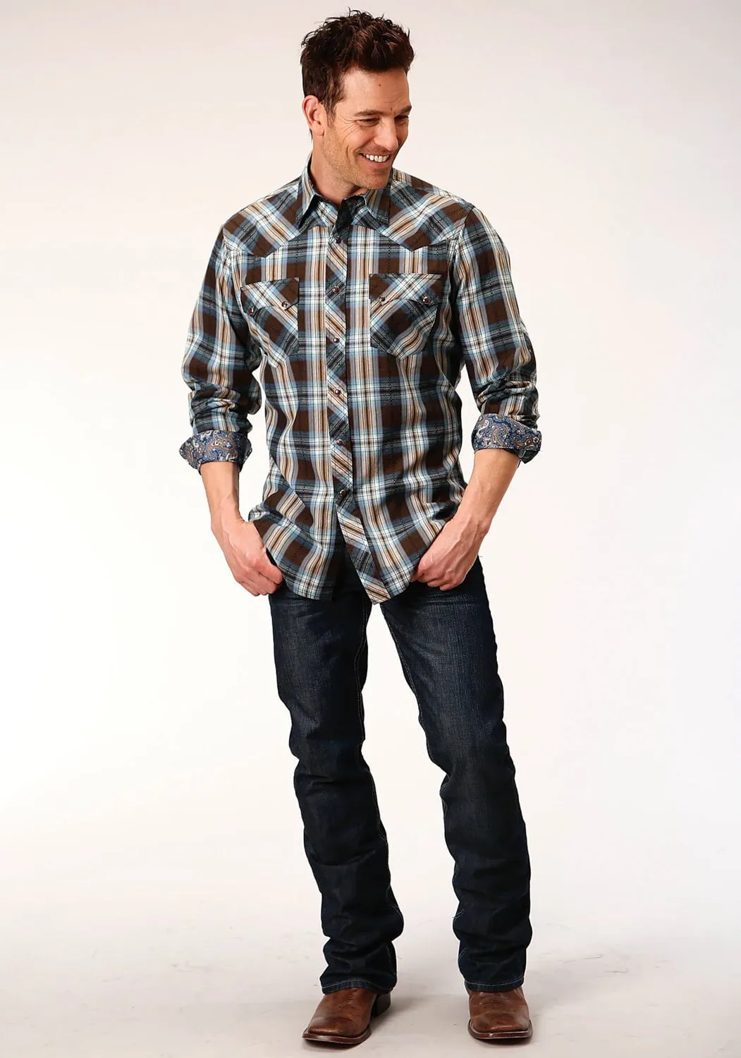 Flexible Placket Structure Roper Mens Brown 100% Cotton Crossing Dobby Plaid L/S Shirt