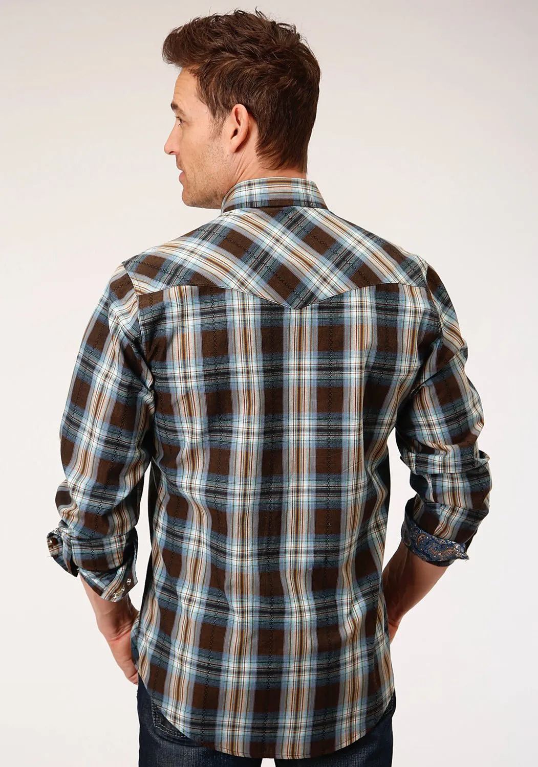 Roper Mens Brown 100% Cotton Crossing Dobby Plaid L/S Shirt Chill Wear