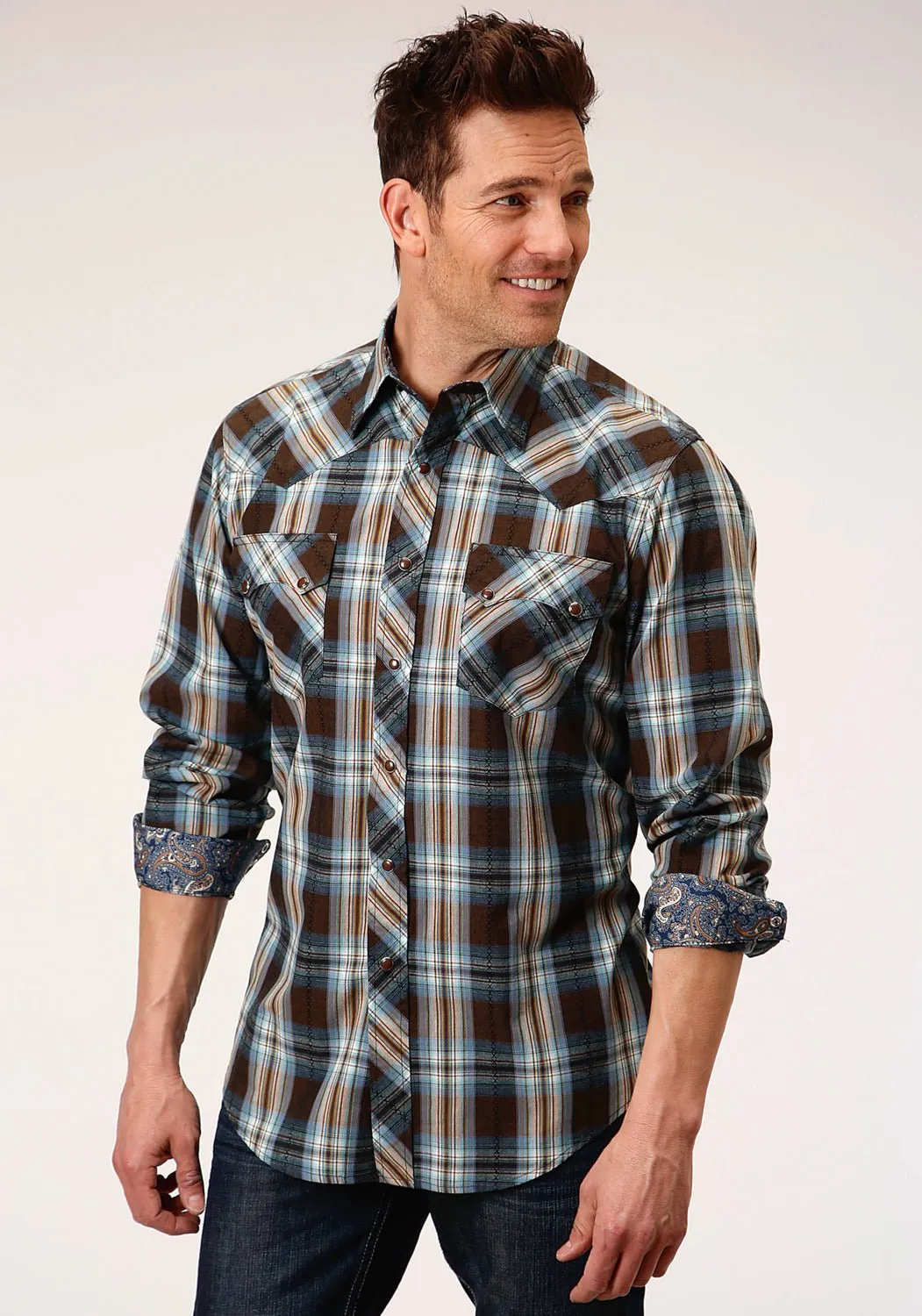 Casual Layer Errand Ready Roper Mens Brown 100% Cotton Crossing Dobby Plaid L/S Shirt