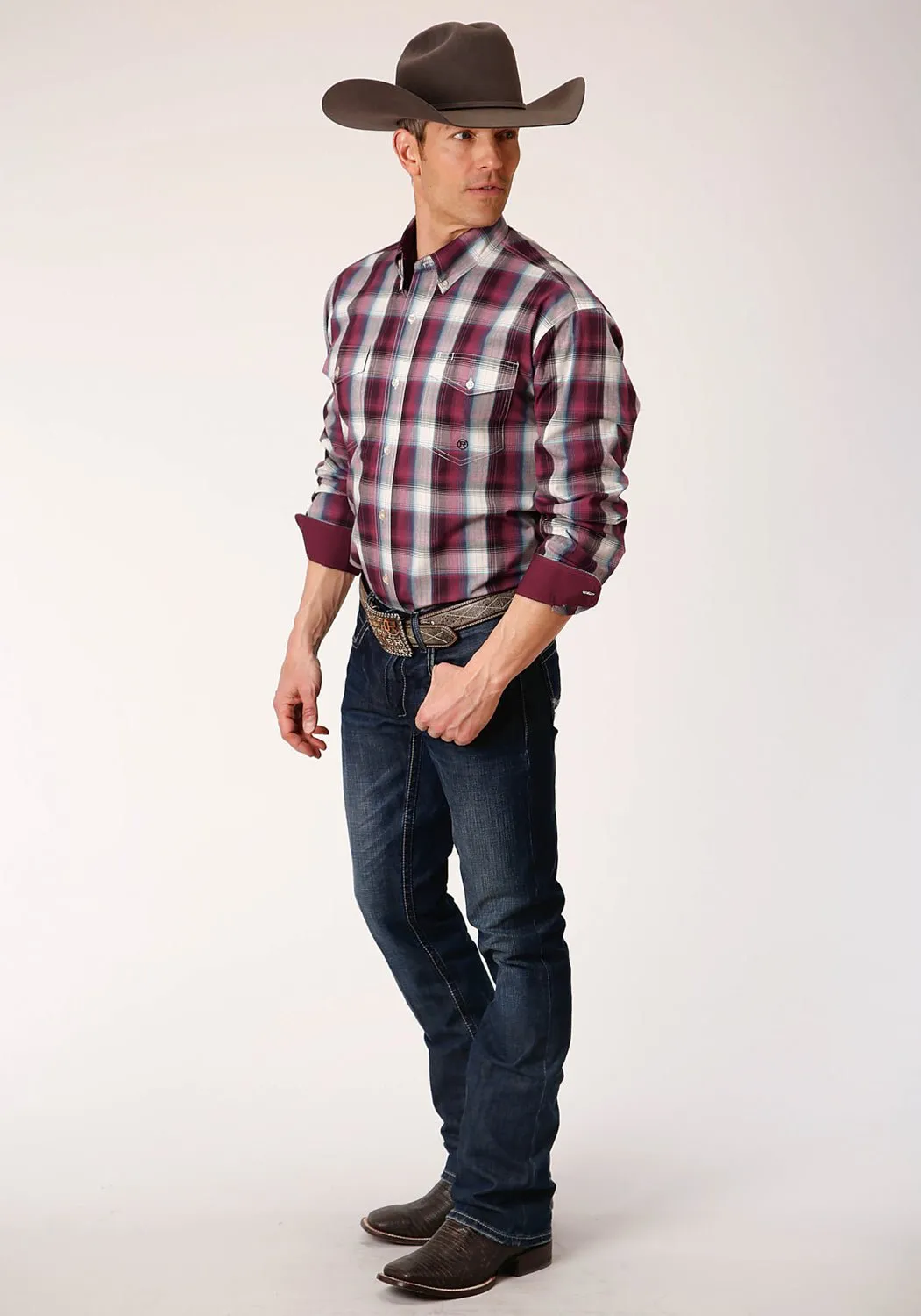 Roper Mens Wine 100% Cotton Plaid BD L/S Button Shirt Roomy Cut