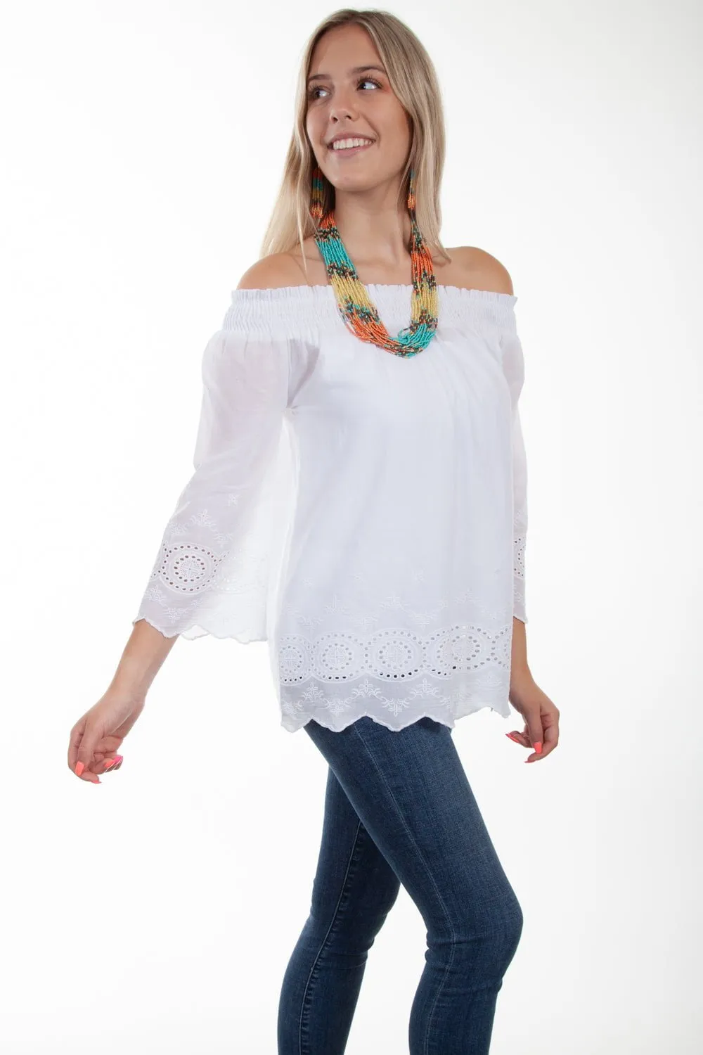 Active Design Scully Womens Off Shoulder Eyelet White 100% Cotton S/S Blouse