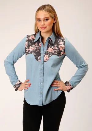 Comfortable Style Roper Womens Pretty Retro Blue 100% Cotton L/S Shirt Roper Womens Pretty Retro Blue 100% Cotton L/S Shirt Reinforced Elasticity