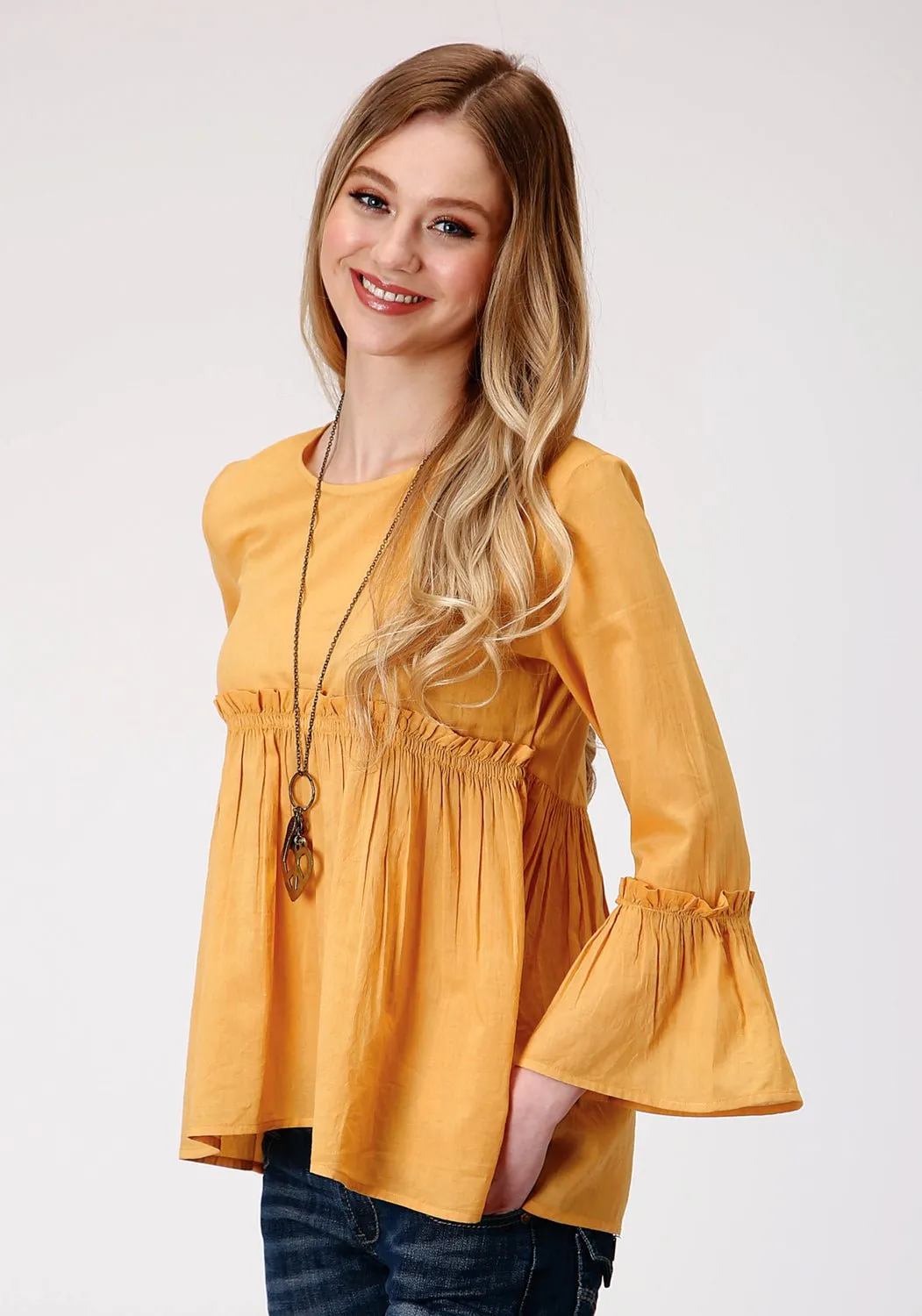 Traveler Gear Brunch Outfit Casual Friday On The Go Roper Womens Yellow 100% Cotton Dip Dye L/S Blouse