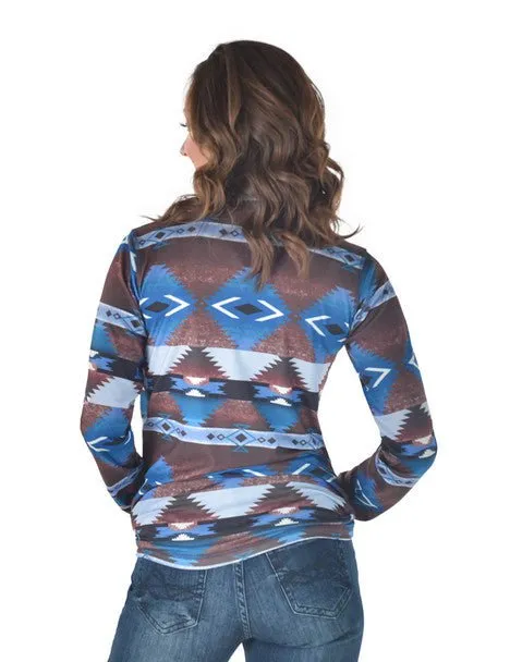 Cowgirl Tuff Womens Western Midweight Brown/Blue Poly/Spandex L/S T-Shirt Minimal Aesthetic