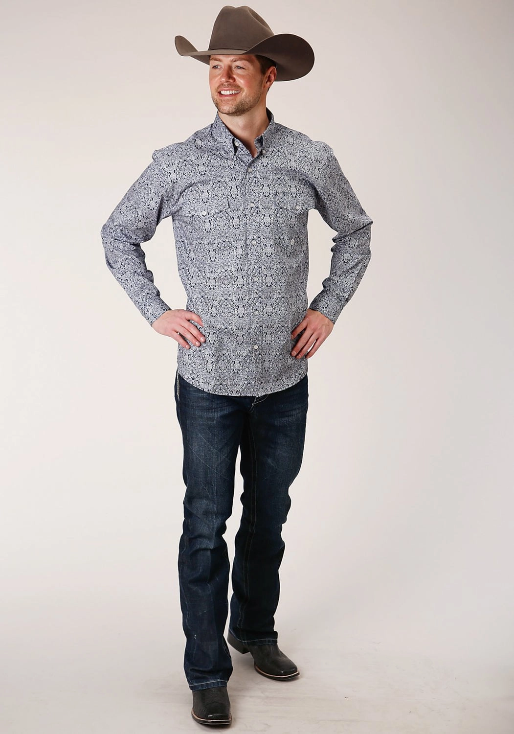Roper Mens Blue 100% Cotton Crystal Medallion BD L/S Btn Shirt Relaxed Look Adjustable Cuffs