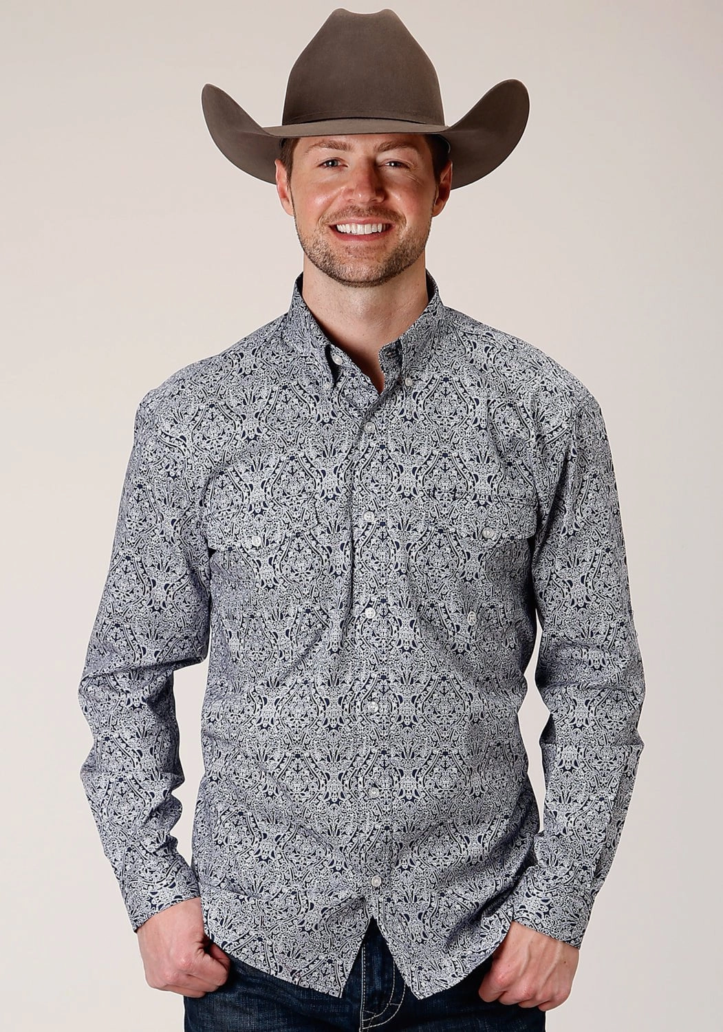Roper Mens Blue 100% Cotton Crystal Medallion BD L/S Btn Shirt Printed design