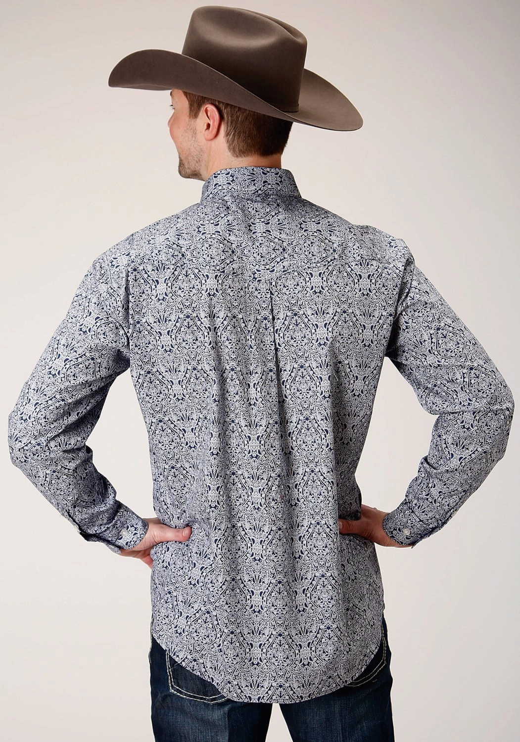 Roper Mens Blue 100% Cotton Crystal Medallion BD L/S Btn Shirt Static Dissipating Fiber Urban Edge