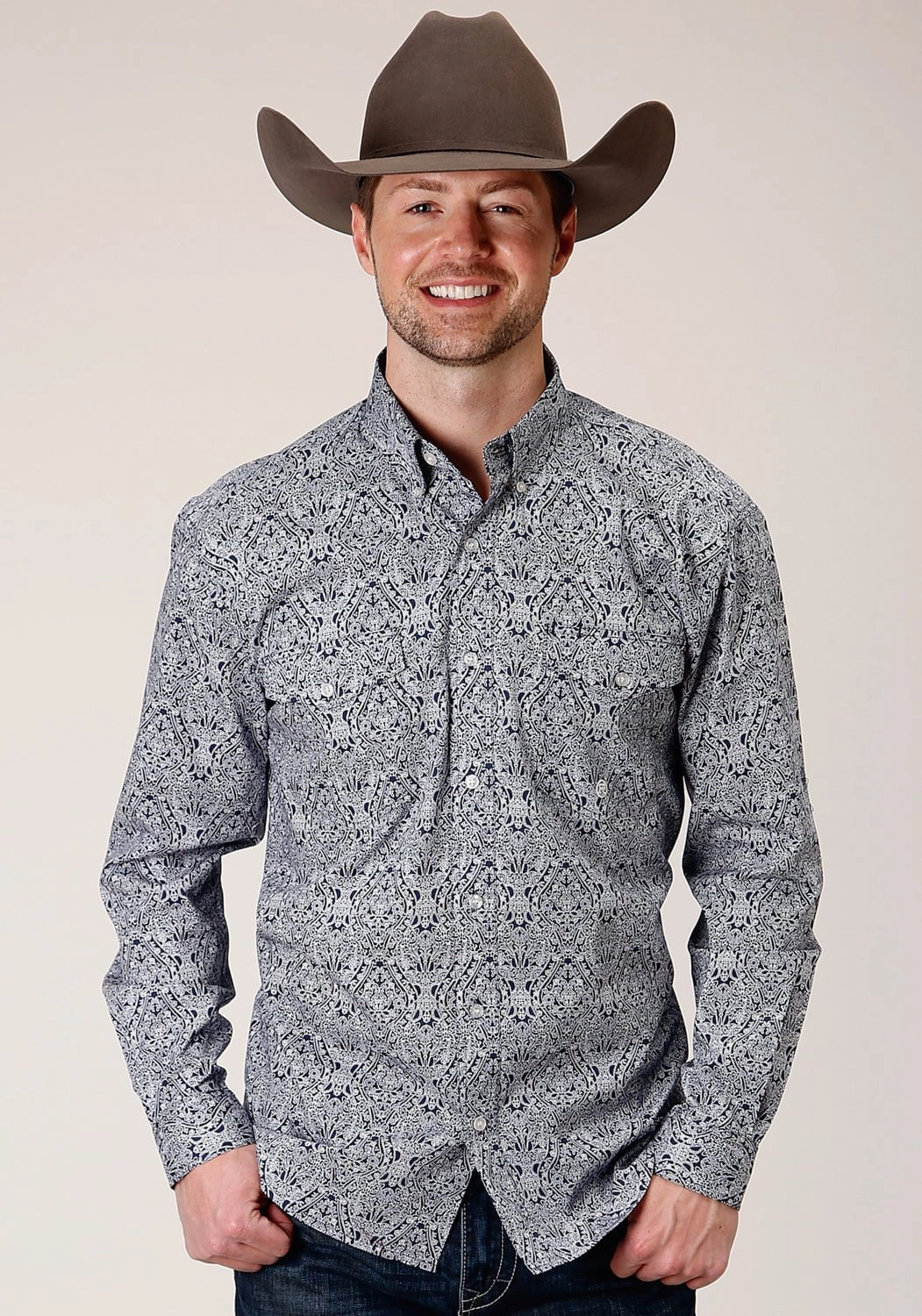 Button-up Monochrome Palette Roper Mens Blue 100% Cotton Crystal Medallion BD L/S Btn Shirt