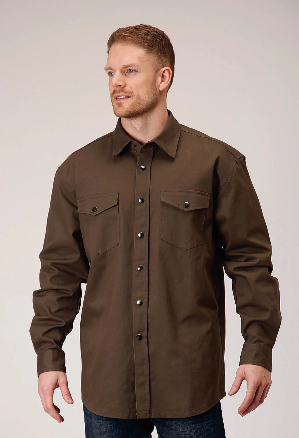 Chic Comfort Roper Mens Brush Twill Olive 100% Cotton L/S Shirt