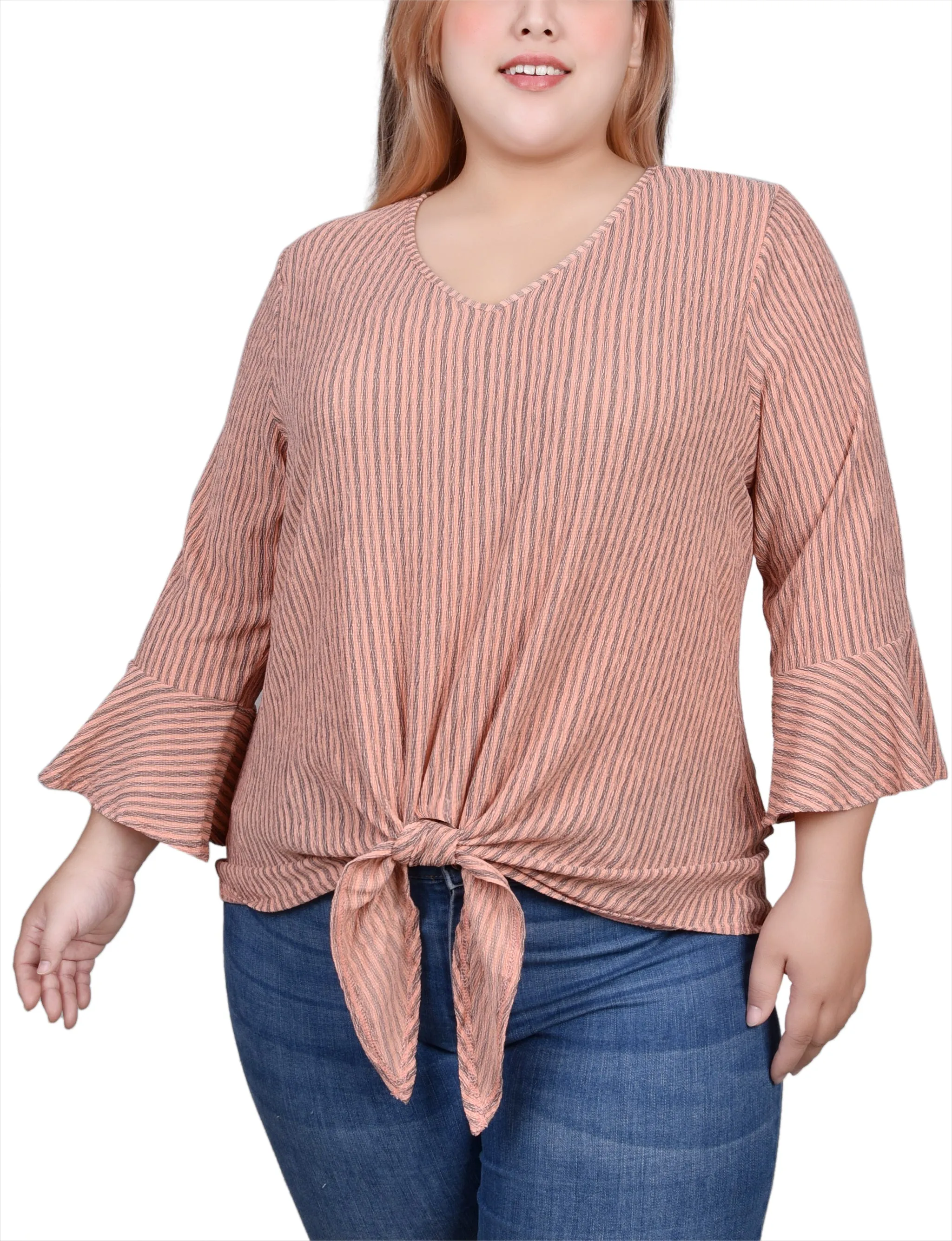 Multi Season Boho Aesthetic Plus Size 3/4 Bell Sleeve Textured Knit Top