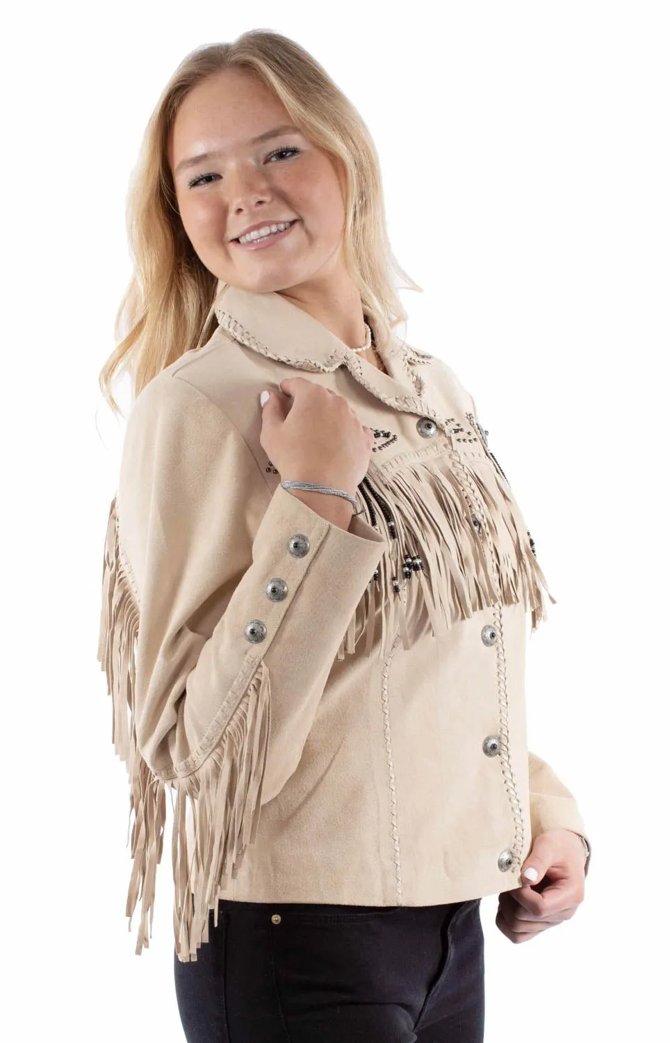 Moisture Wicking Inner Layer Durable Fabric Scully Womens Fringe Yoke Beaded Sand Leather Leather Jacket
