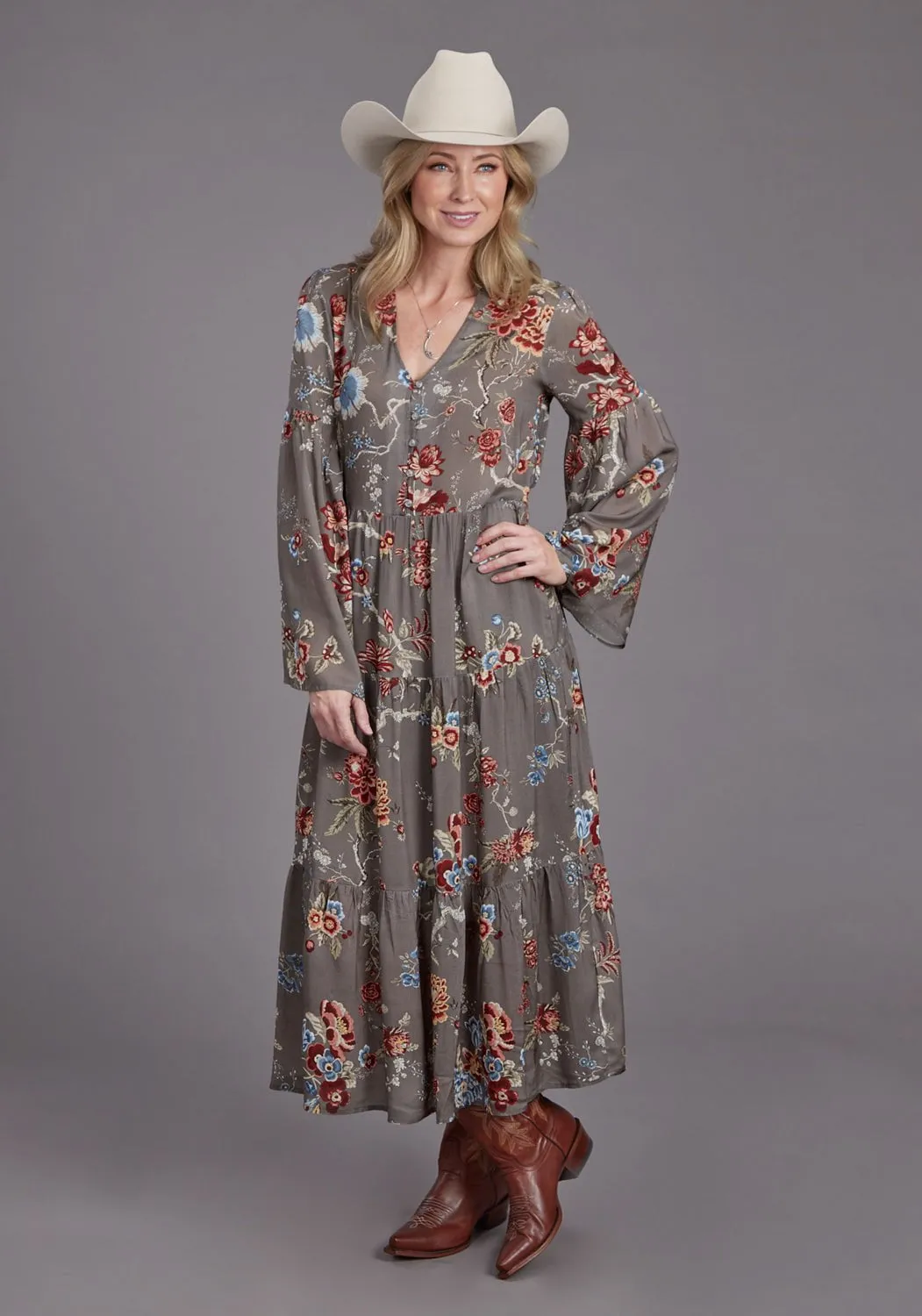 Stetson Womens Vintage Tapestry Grey 100% Rayon L/S Dress Minimalist Pocket Design
