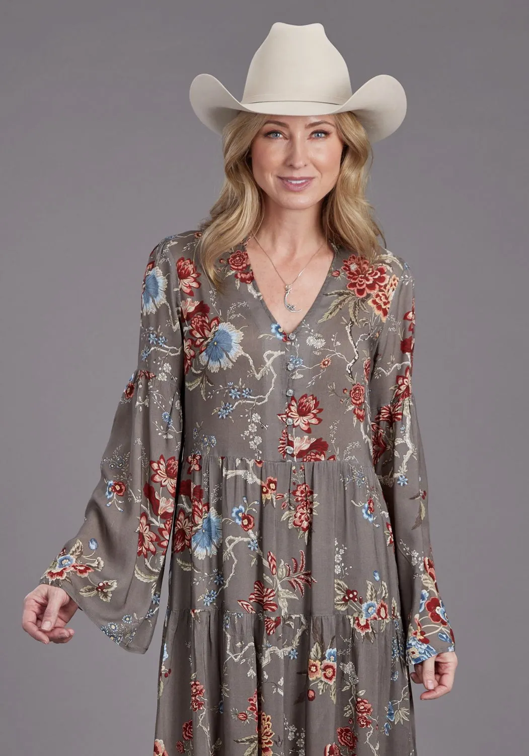 Stetson Womens Vintage Tapestry Grey 100% Rayon L/S Dress Smooth Road Trip
