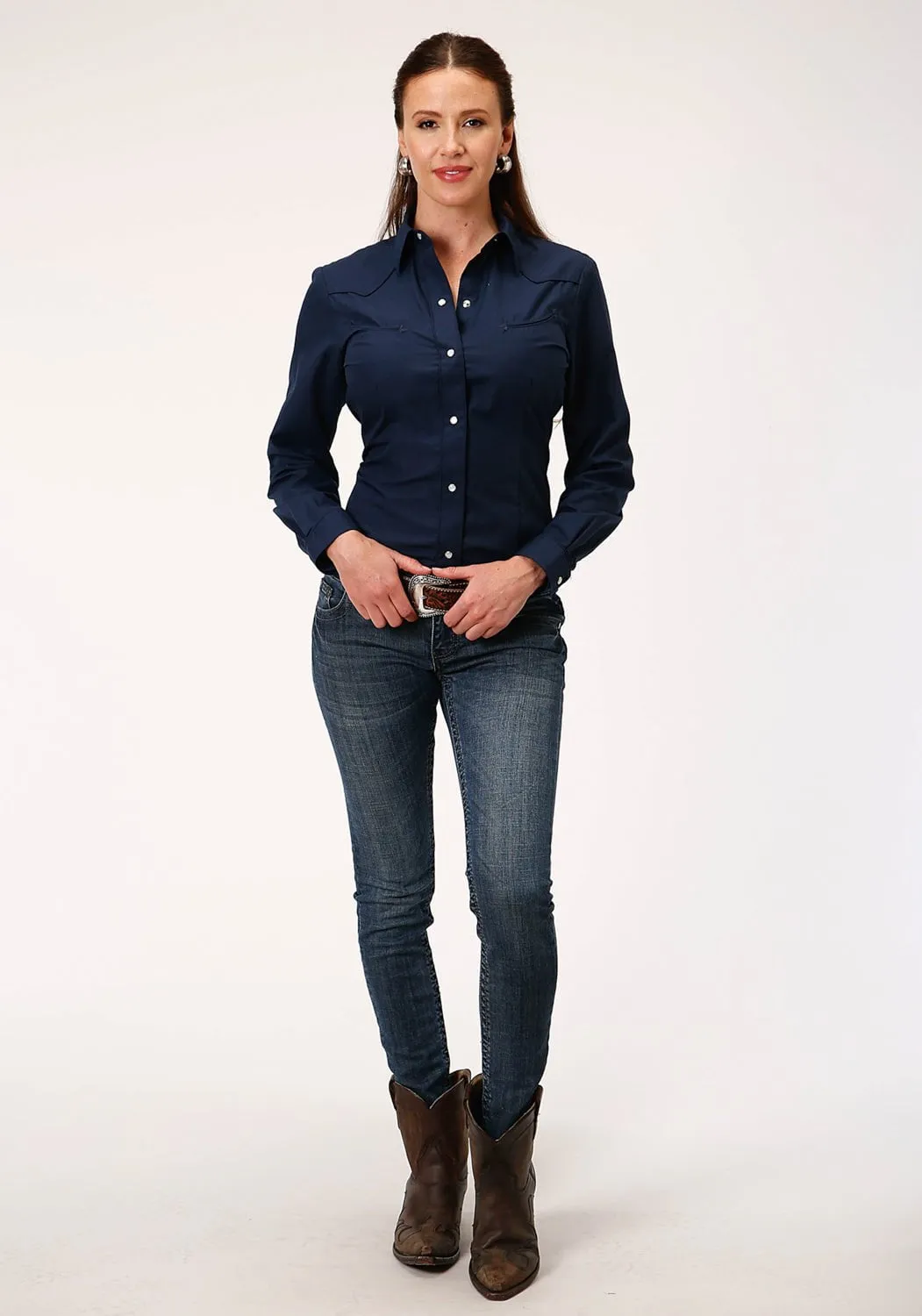 Daywear Fit Neutral Autumn Days Roper Womens Navy Cotton Blend Solid Paisley L/S Shirt