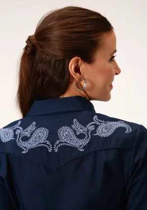 Comfy Fit Design Roper Womens Navy Cotton Blend Solid Paisley L/S Shirt Chic Silhouette Youth Style Weekend Style Rainy Day Roper Womens Navy Cotton Blend Solid Paisley L/S Shirt