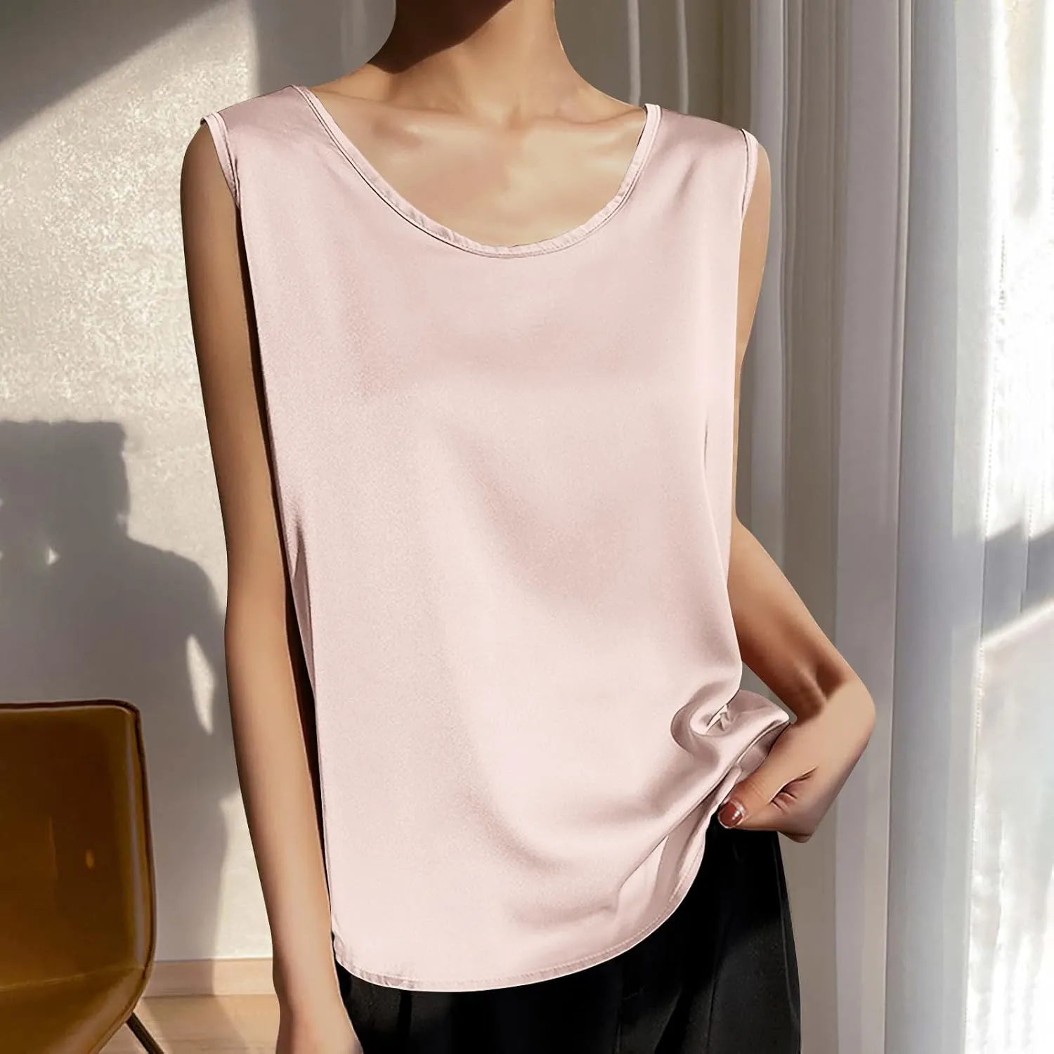 Comfy Satin Silk Tank Tops for Women Summer Boat Neck Neck Sleeveless Undershirt Casual Elegant Basic Tanks Blouses