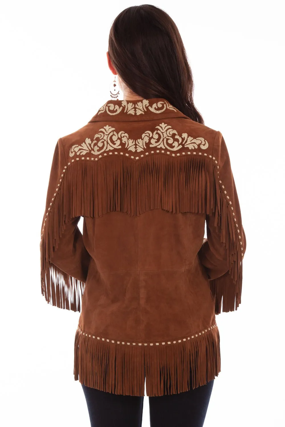 Scully Womens Cinnamon Leather Western Fringe Jacket Eco Conscious Denim Articulated Knee Shape