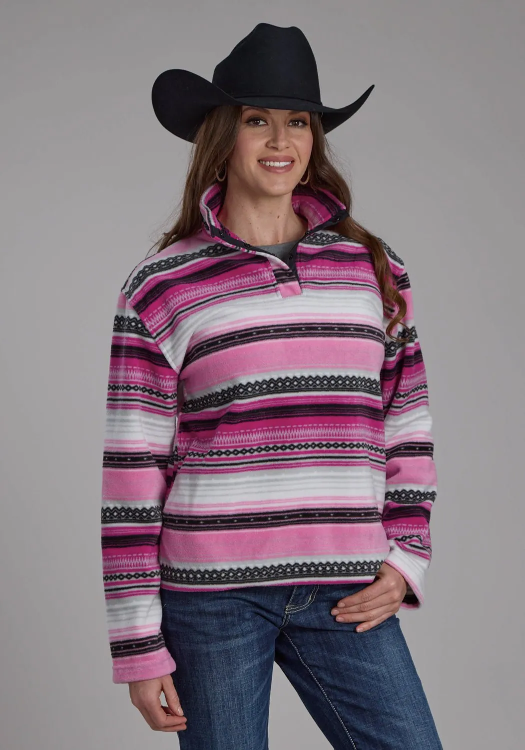 Roper Womens Aztec Stripe Pink/Purple 100% Polyester Fleece Jacket Modern Winter Warmth Loose