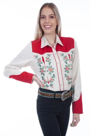 Comfy Vision Scully Womens Ivory/Red Polyester Rose and Vine L/S Shirt Street Ready Scully Womens Ivory/Red Polyester Rose and Vine L/S Shirt